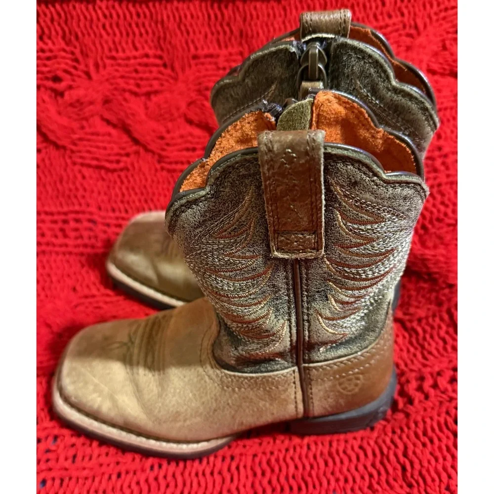Ariat Kids Western Boots Brown Leather Square Toe Side Zip  Size 8 Toddler